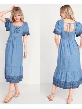 Old Navy Fit & Flare Flutter-Sleeve Tie-Back Chambray Midi Dress